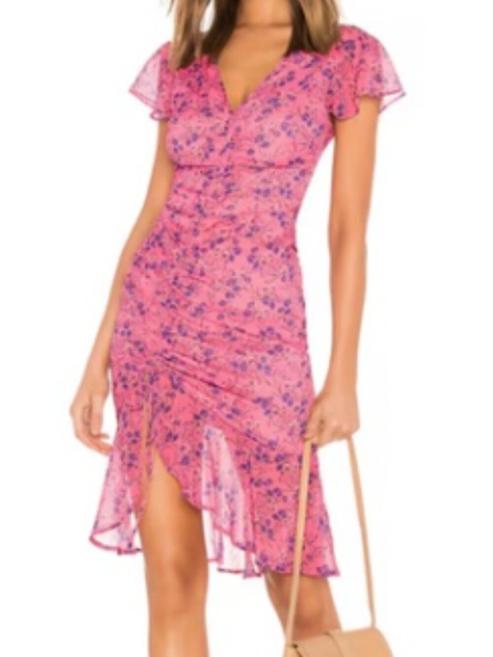 MAJORELLE Pink Floral V‑Neck Ruffled Midi Dress